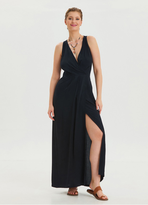 V Neck Slit Detailed Black Long Dress 4454